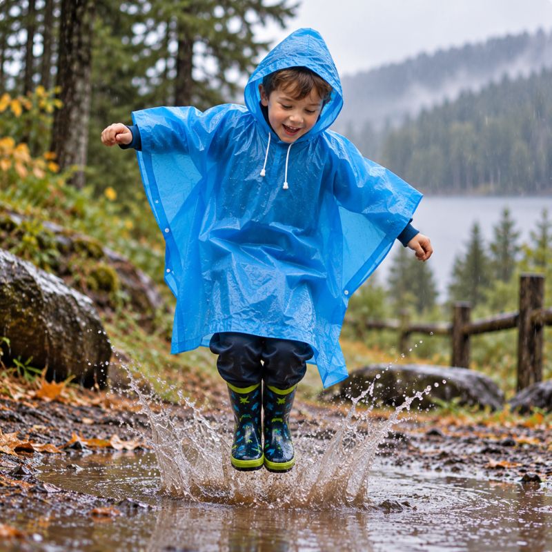 Poncho pluie MiniRain garçon sautant à pieds joints dans flaque