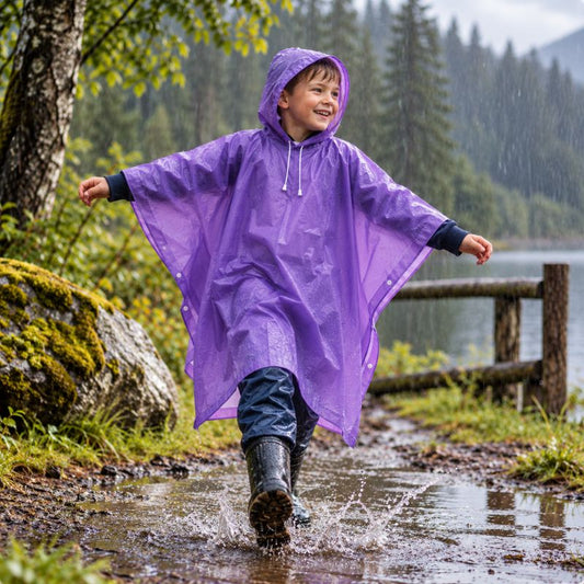Poncho pluie MiniRain jeune garçon jouant sous pluie en forêt