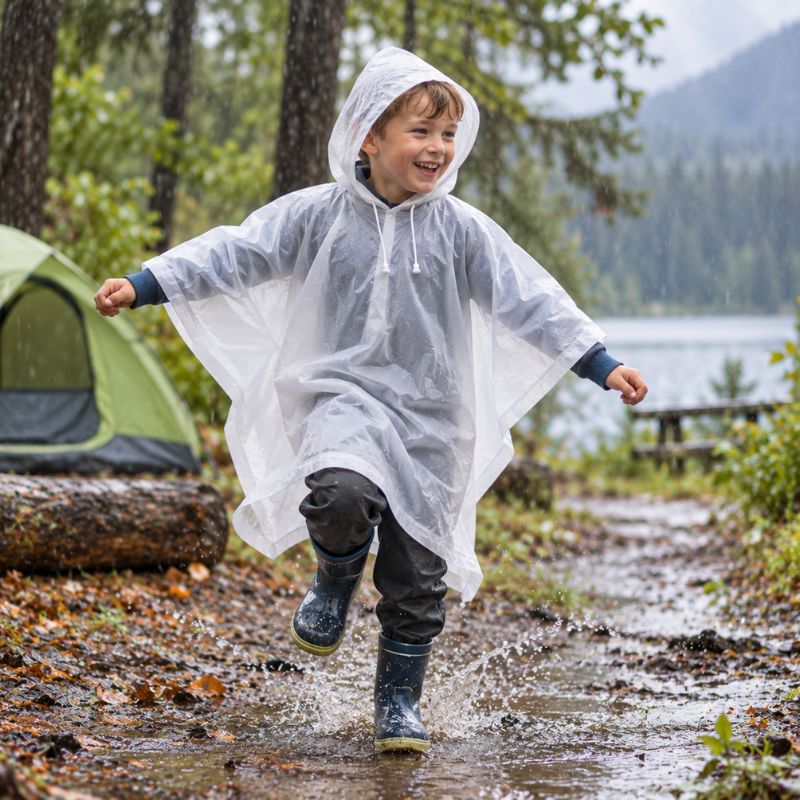 Poncho pluie MiniRain jeune garçon gambadant joyeusement sous pluie forêt