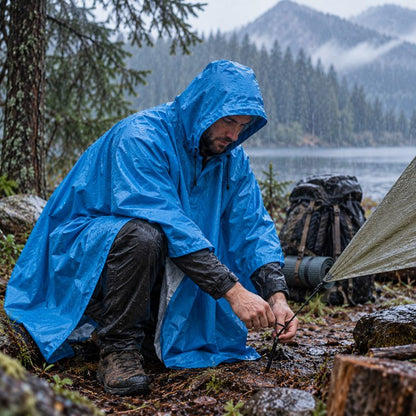 Poncho pluie PackShield bleu homme installant campement sous pluie fine