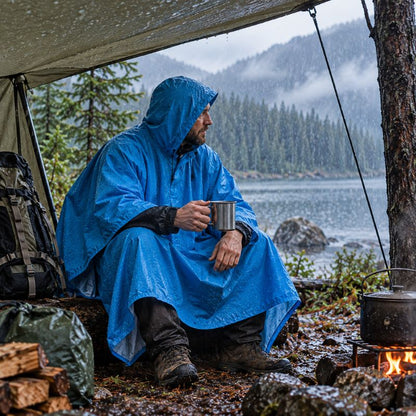Poncho pluie PackShield bleu homme prenant pause près du lac