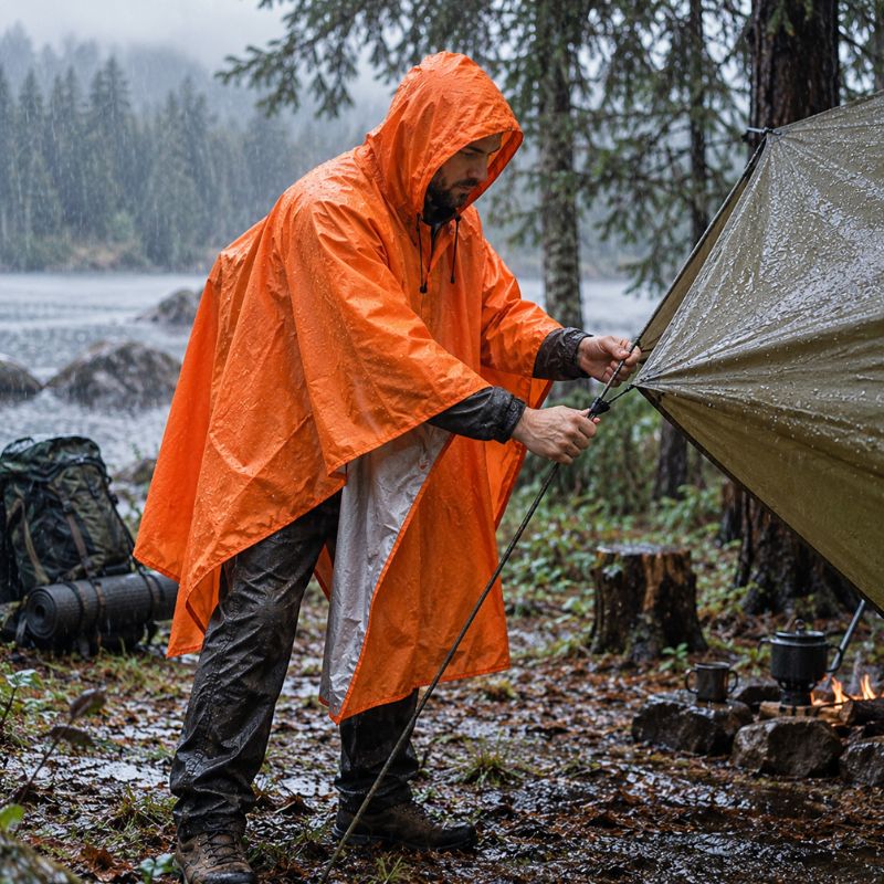 Poncho pluie PackShield orange homme installant bâche sous pluie fine