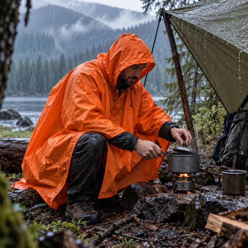 Poncho pluie PackShield orange homme préparant repas chaud au campement