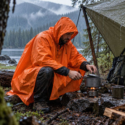 Poncho pluie PackShield orange homme préparant repas chaud au campement