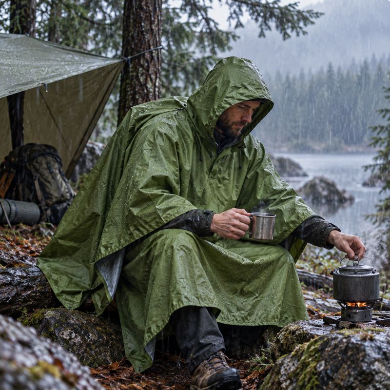 Poncho pluie PackShield vert homme prenant pause près du campement