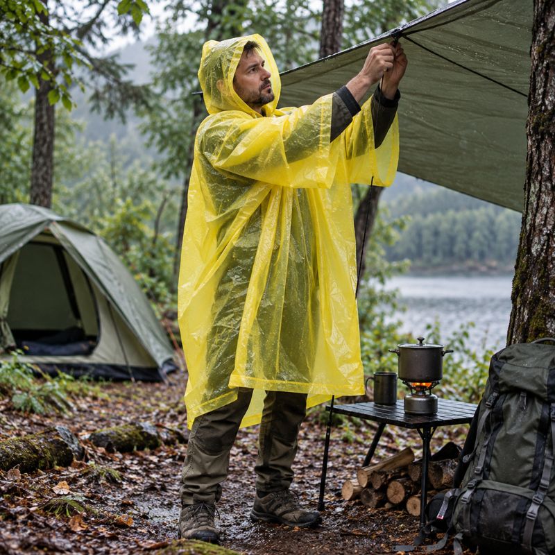 Poncho pluie RainFlex jaune homme installant campement sous pluie fine
