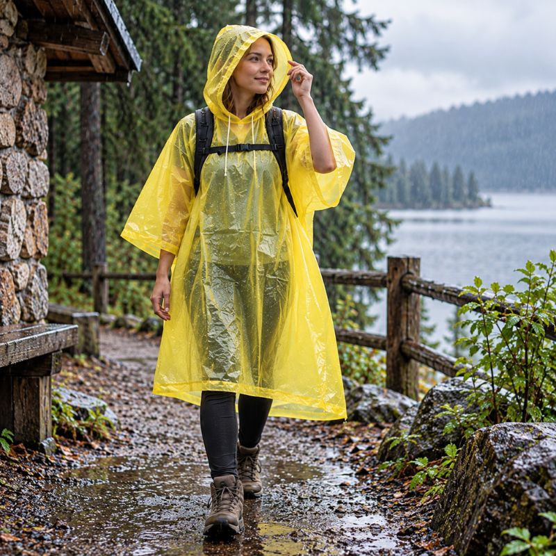 Poncho pluie RainFlex jaune femme marchant dehors sous pluie fine