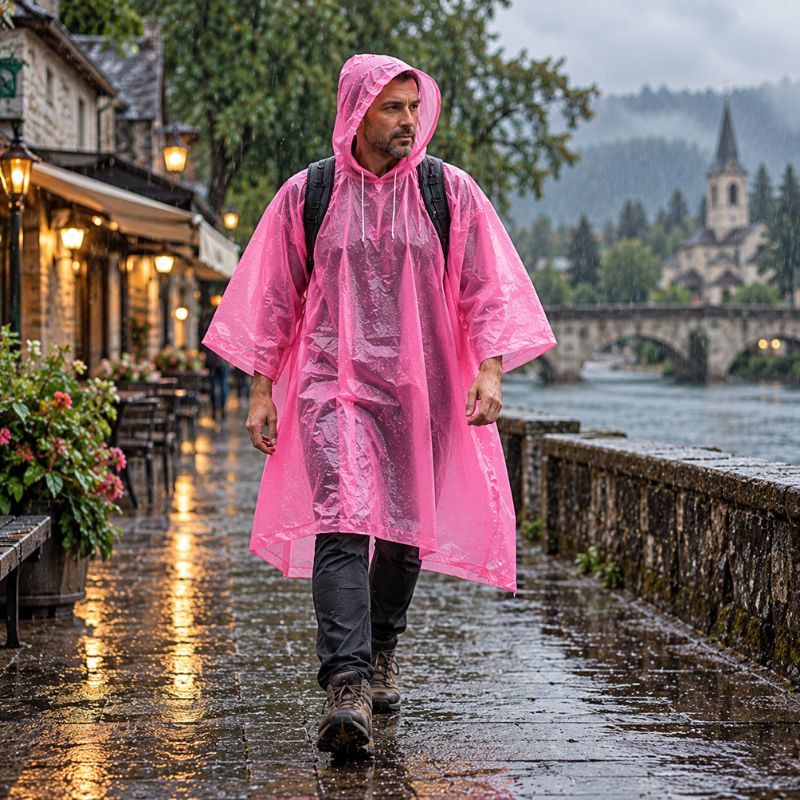 Poncho pluie RainFlex rose homme marchant dehors sous pluie légère