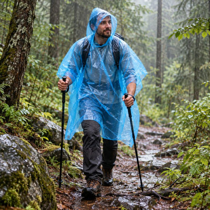 Poncho pluie RainPocket homme marchant sur sentier forestier sous pluie