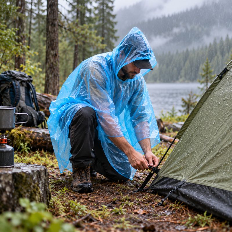 Poncho pluie RainPocket homme installant son campement sous pluie fine