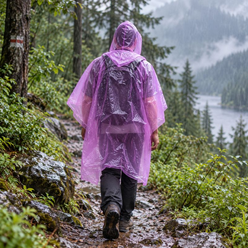 Poncho pluie RainPocket mauve homme marchant sur sentier sous pluie