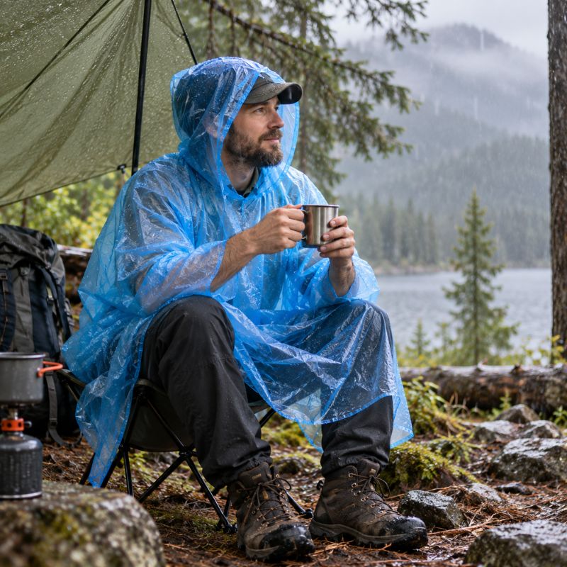 Poncho pluie RainPocket homme prenant pause café sous pluie fine