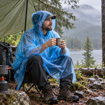 Poncho pluie RainPocket homme prenant pause café sous pluie fine