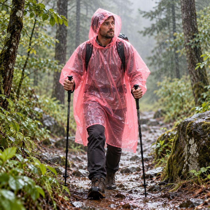 Poncho pluie RainPocket rose homme randonnée avec bâtons sous pluie