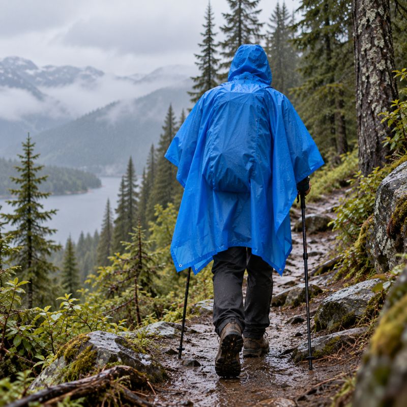 Poncho pluie RainTrek 3 bleu randonneur marchant sur sentier humide