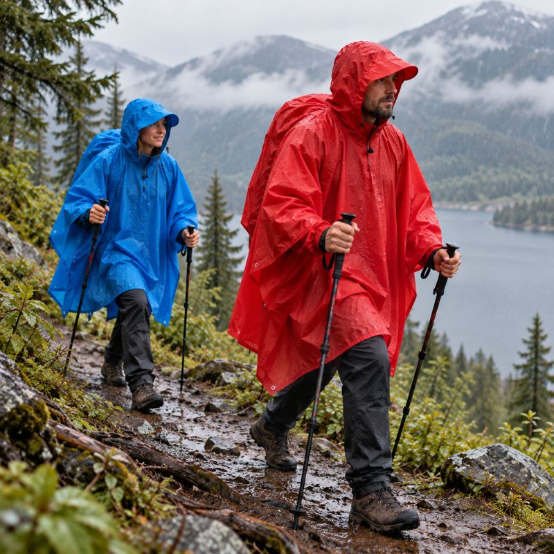 Poncho pluie RainTrek 3 randonneurs rouge bleu sous averse légère