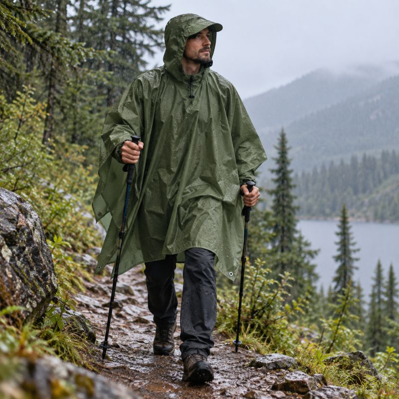 Poncho pluie RainTrek 3 homme marchant sous pluie en forêt