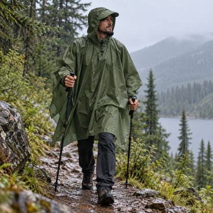 Poncho pluie RainTrek 3 homme marchant sous pluie en forêt