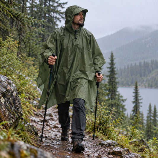 Poncho pluie RainTrek 3 homme marchant sous pluie en forêt