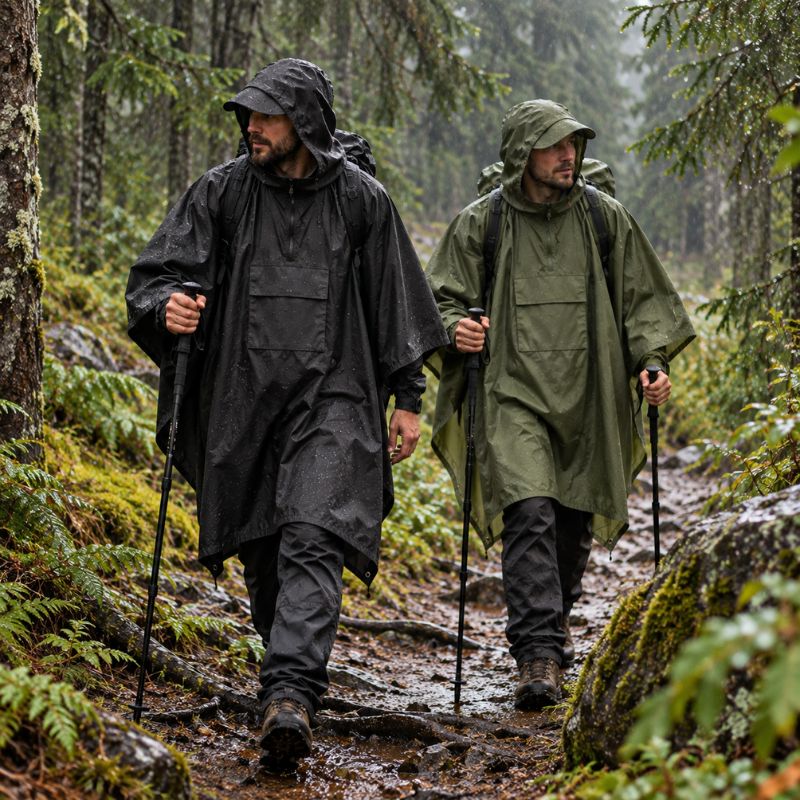 Poncho pluie StormTrek deux randonneurs noir vert marchant en forêt