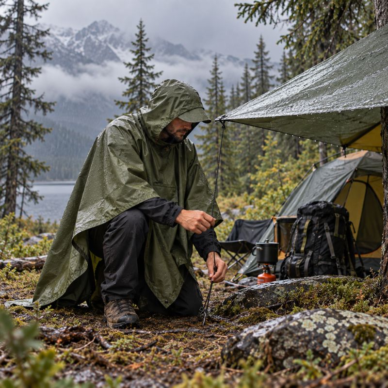 Poncho pluie StormTrek homme installant son campement sous pluie fine