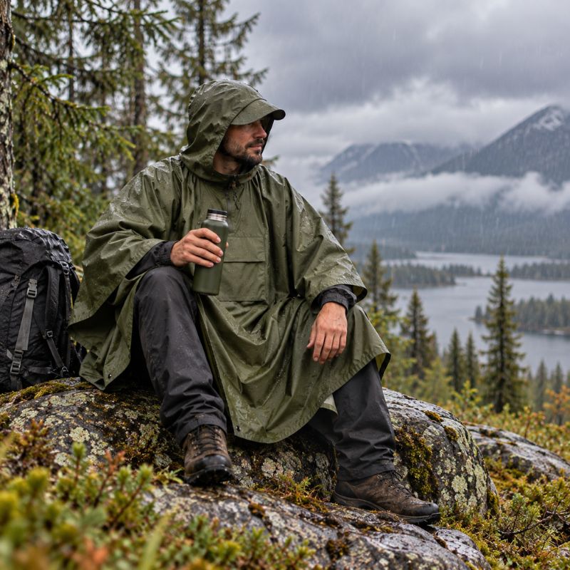 Poncho pluie StormTrek homme prenant pause avec bouteille isotherme dehors