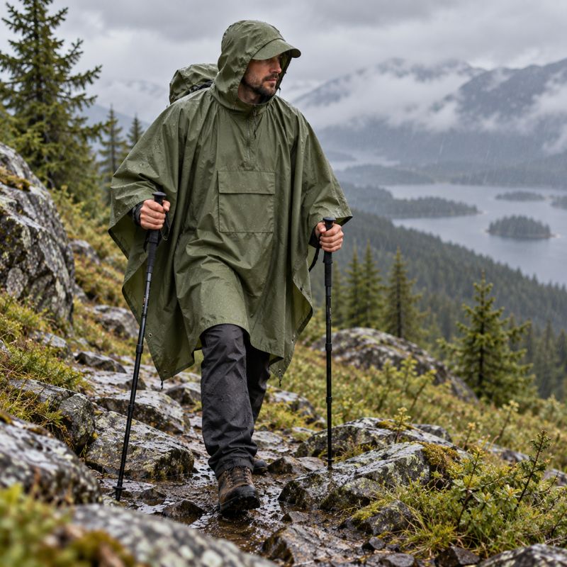 Poncho pluie StormTrek vert homme marchant sur sentier rocheux humide