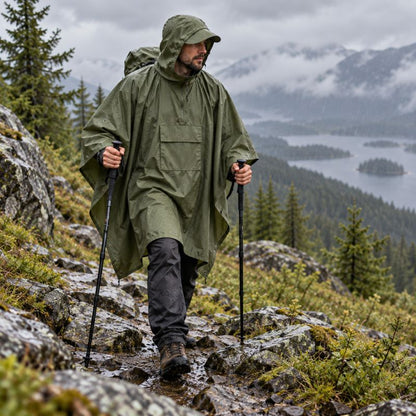 Poncho pluie StormTrek vert homme marchant sur sentier rocheux humide