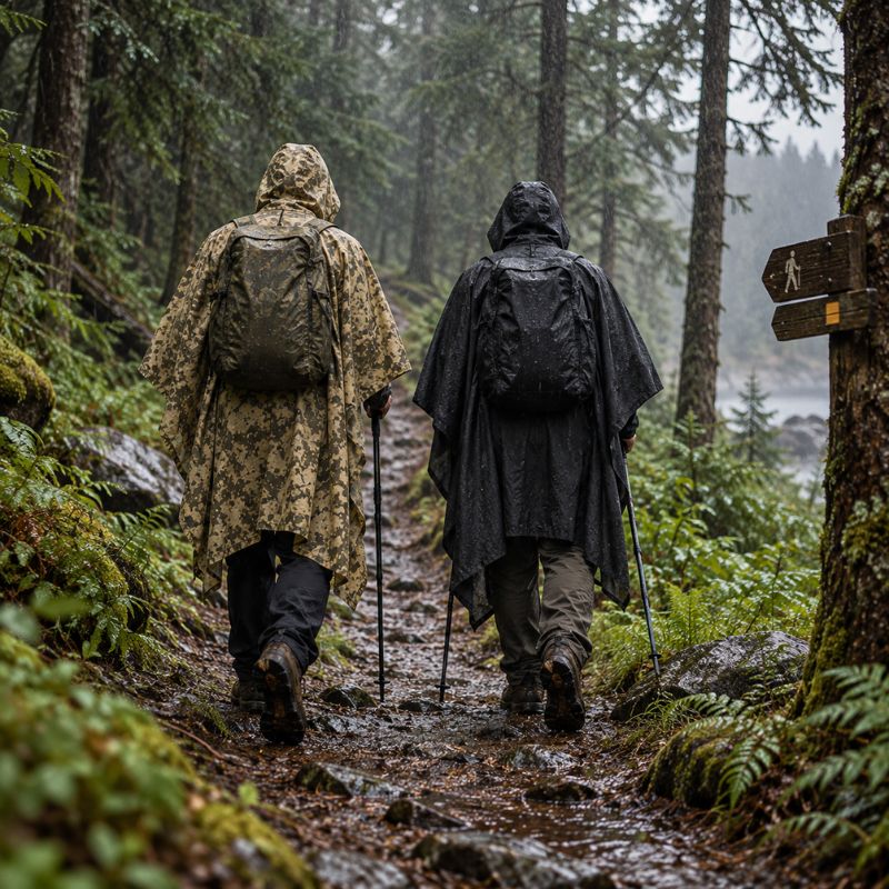 Poncho pluie TrailGuard deux randonneurs marchant de dos forêt pluie