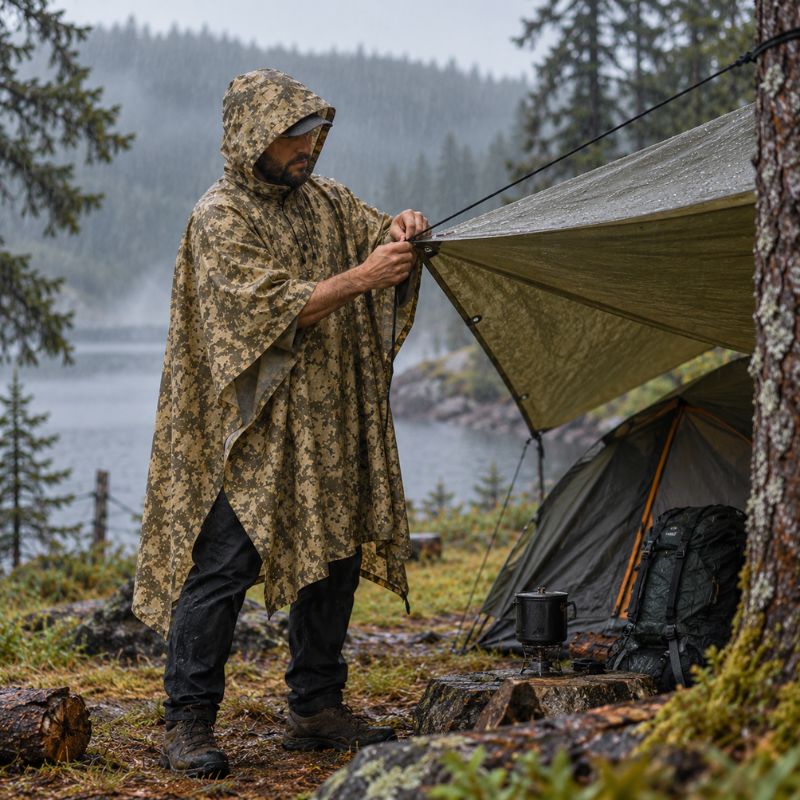 Poncho pluie TrailGuard homme installant campement sous pluie fine forêt