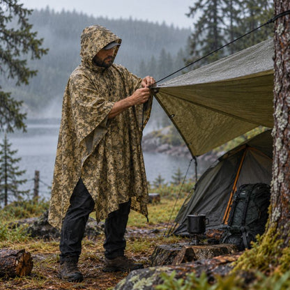 Poncho pluie TrailGuard homme installant campement sous pluie fine forêt