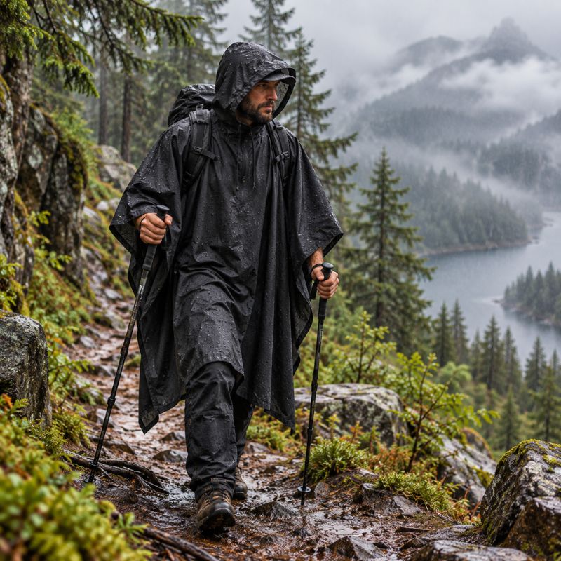 Poncho pluie TrailGuard noir homme randonnée sentier humide montagne brumeuse