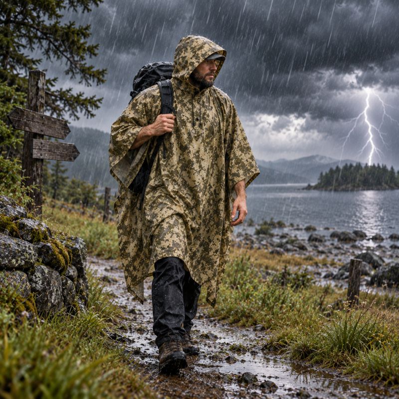 Poncho pluie TrailGuard homme randonnée sous orage près lac montagne