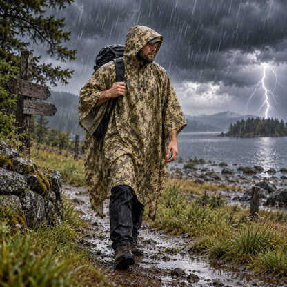 Poncho pluie TrailGuard homme randonnée sous orage près lac montagne