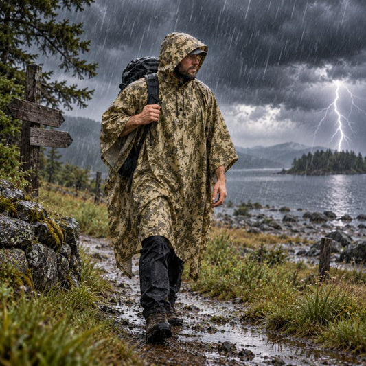 Poncho pluie TrailGuard homme randonnée sous orage près lac montagne