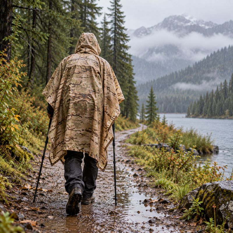 Poncho pluie ZipTrek homme dos marchant chemin terre sous pluie