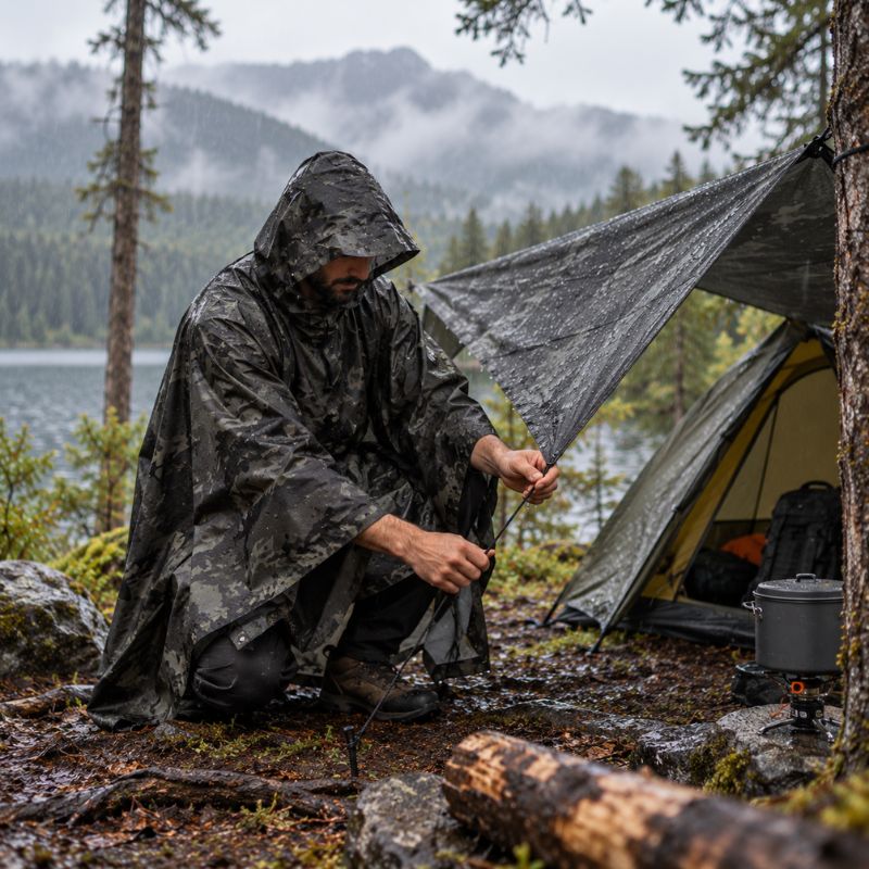 Poncho pluie ZipTrek homme installant campement sous pluie fine forêt