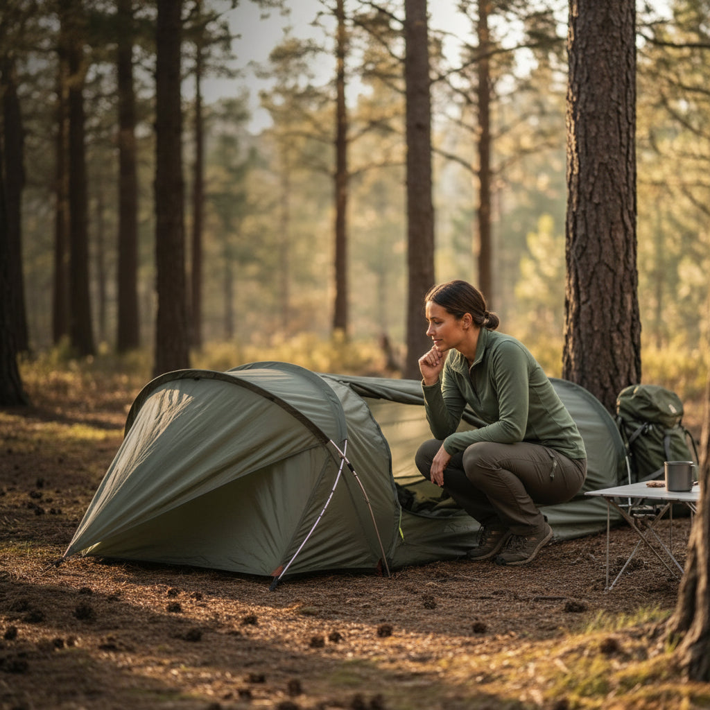 Tente trekking solo TrekNova en forêt avec infographie technique.