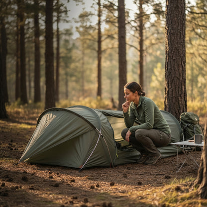 Tente trekking solo TrekNova en forêt avec infographie technique.