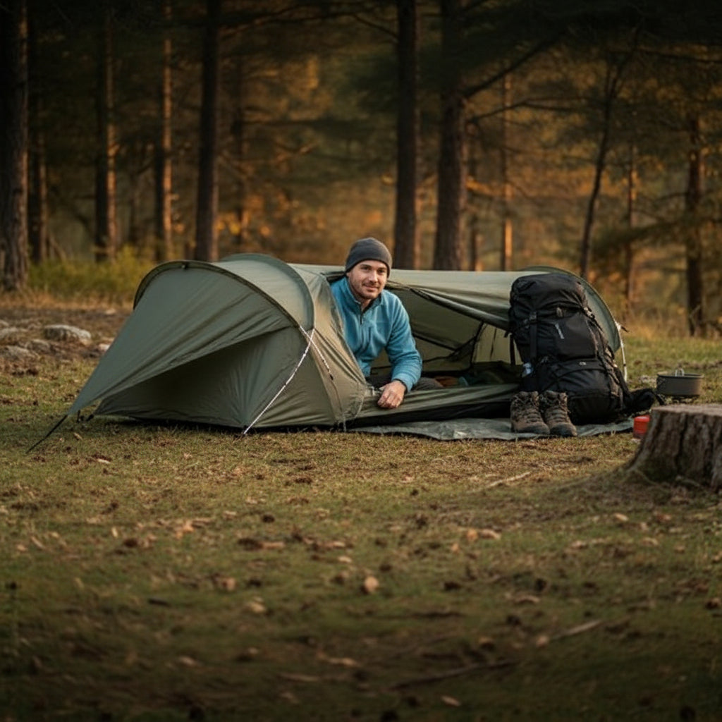 Tente Trekking TrekNova ultra légère 1 personne installée en forêt