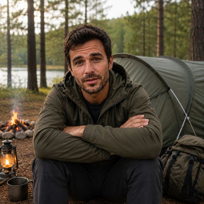 Tente Trekking Camping homme barbu en tenue de randonnée assis devant une tente tunnel, face caméra en mode témoignage