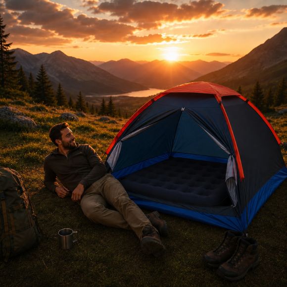 Tente pour Camping Escale Boréale 1 couche avec randonneur.