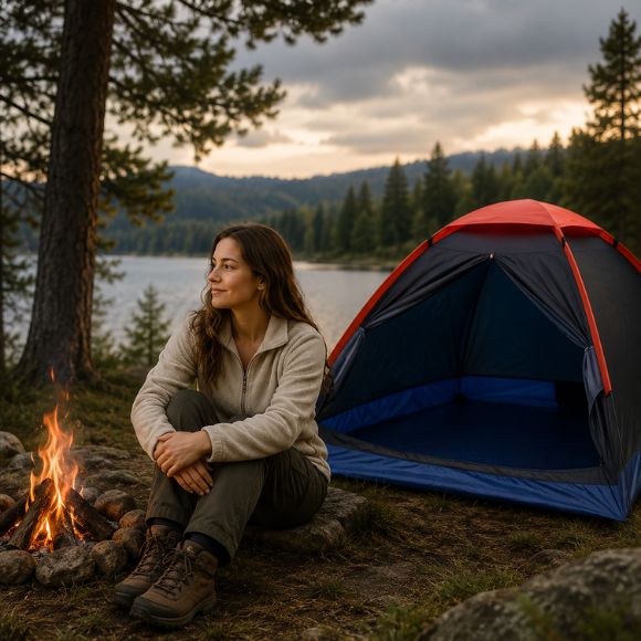 Tente pour Camping Escale Boréale avec femme assied.