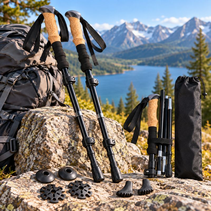 baton de marche ConfortTrek avec accessoires devant paysage de montagne