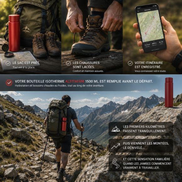 Bouteille isotherme AltiTherm prête pour une longue randonnée en montagne.