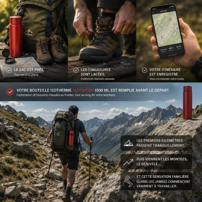 Bouteille isotherme AltiTherm prête pour une longue randonnée en montagne.