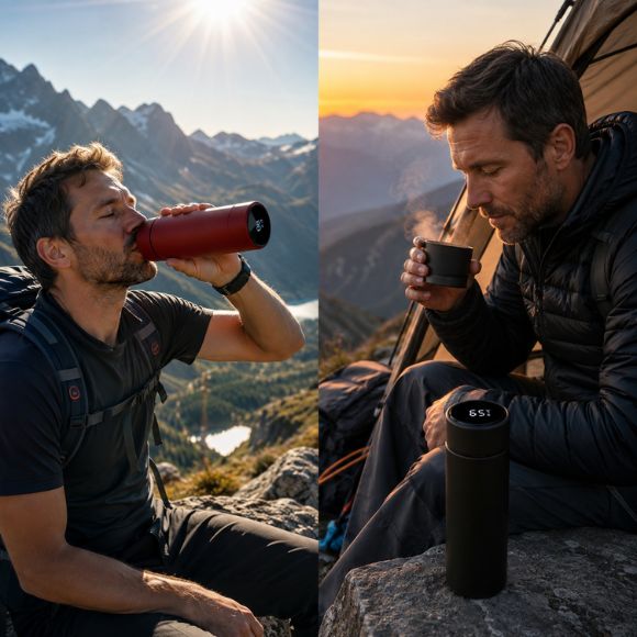 Bouteille isotherme AltiTherm en randonnée et bivouac au lever du soleil.