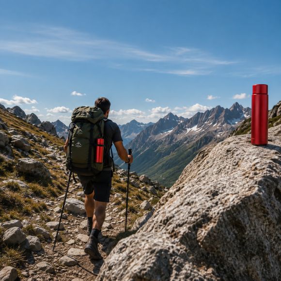 Bouteille isotherme AltiTherm accompagnant un randonneur sur sentier en montagne