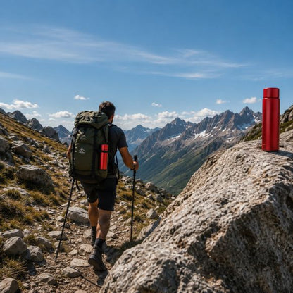 Bouteille isotherme AltiTherm accompagnant un randonneur sur sentier en montagne