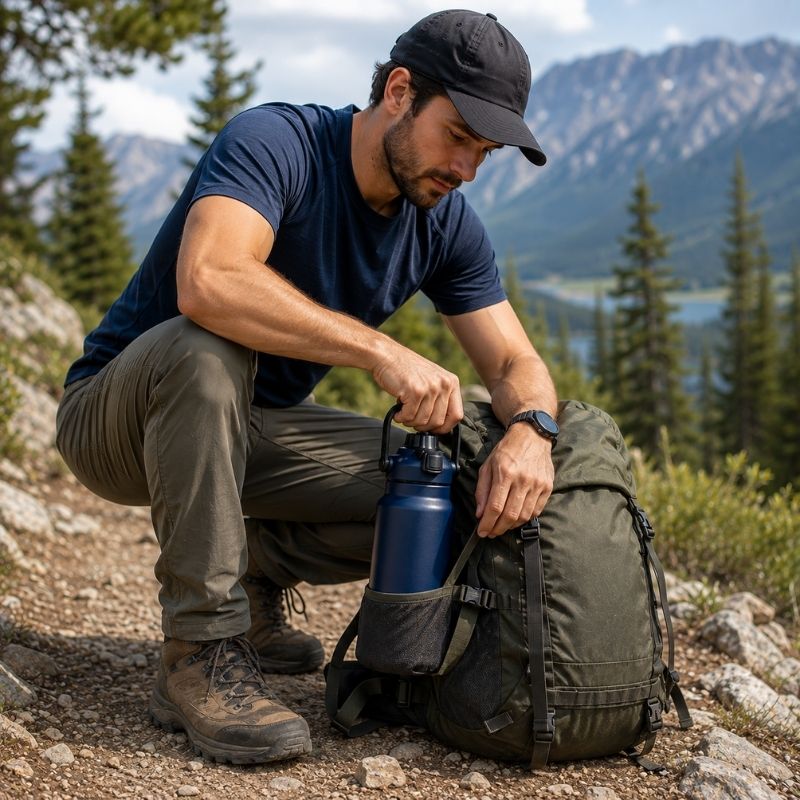 Bouteille isotherme HydraTrek 1500 sortie facilement du sac en randonnée